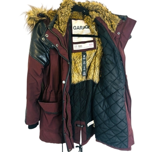 Garage Maroon Leather and faux fur Parka Winter Coat - Picture 3 of 16